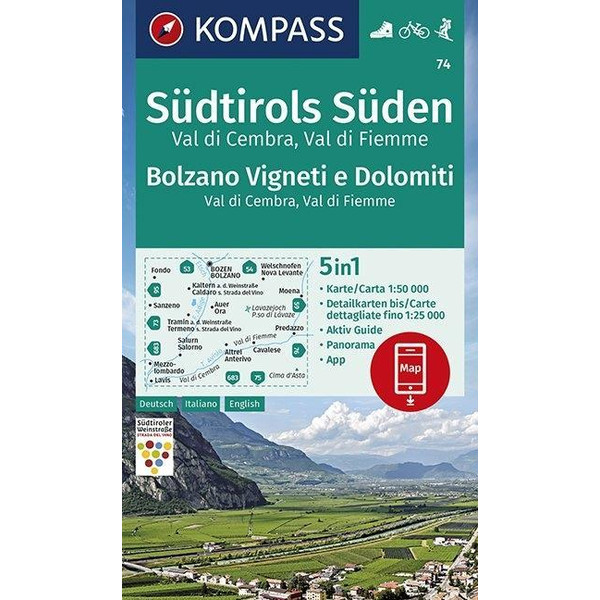 KOMPASS Wanderkarte Südtirols Süden, Bolzano Vigneti e Dolomiti, Val di Cembra, Val di Fiemme 1:50 000 Wanderkarte KOMPASS KARTEN GMBH